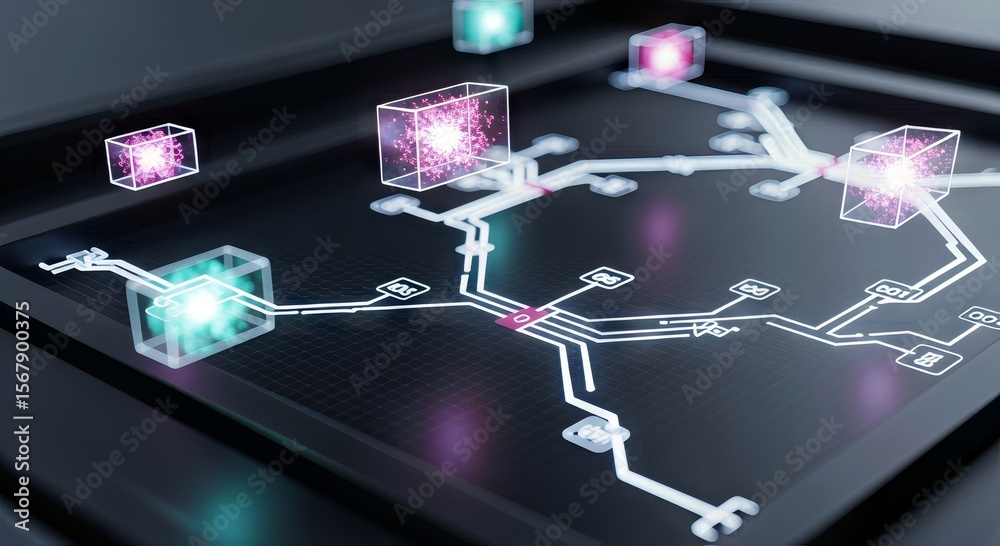Poster AI-Powered Robot Automation Concepts. Futuristic digital network with glowing data nodes and connections.