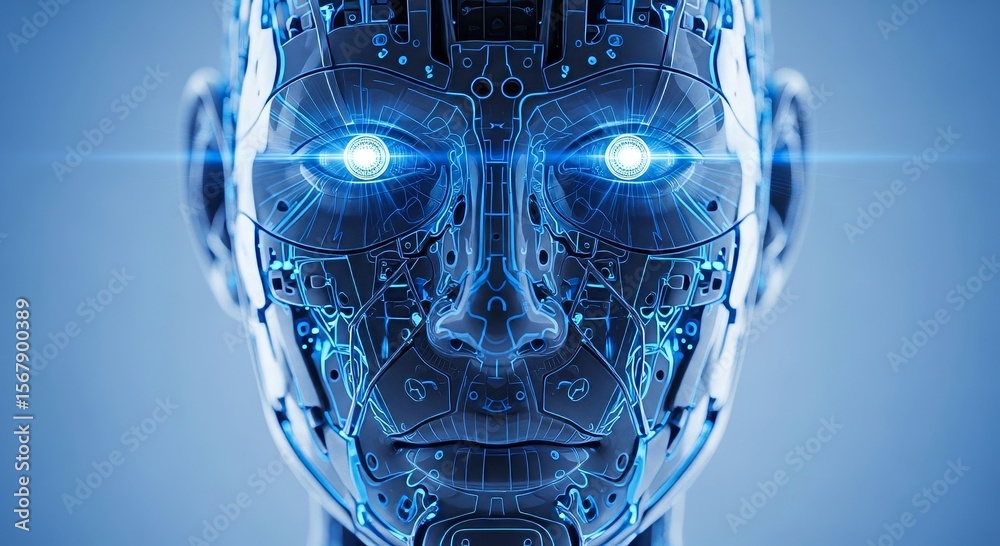 Poster AI-Powered Robot Automation Concepts. Futuristic robotic face with blue glowing eyes and intricate details.