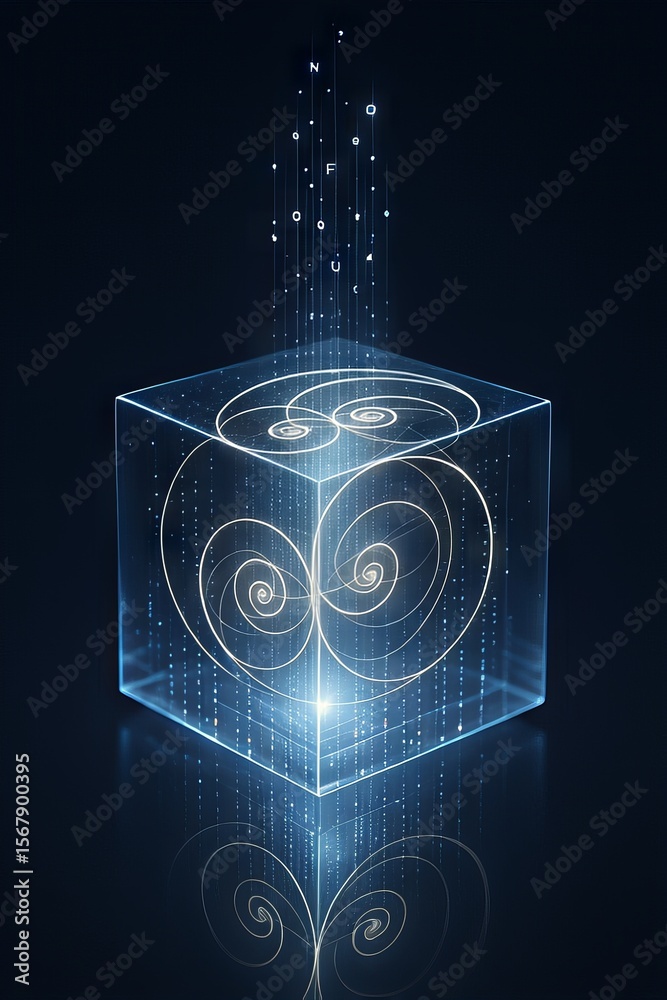 Aufkleber AI-Powered Robot Automation Concepts. Illuminated cube with abstract patterns and light trails emerging upward.