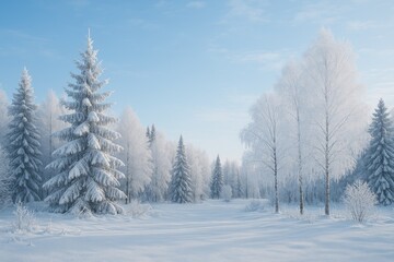 Naklejka premium Frozen winter scene featuring snow-covered trees and icy frost
