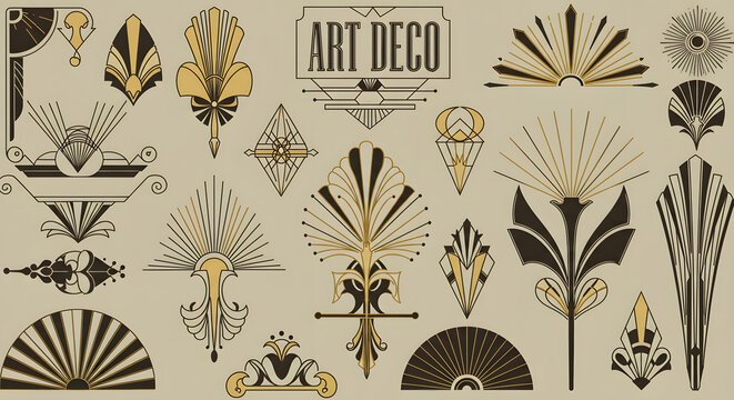 Naklejki Elegant Vintage Art Deco Ornament Collection, Seamless Art Deco Pattern with Geometric Shapes and Vintage Decorative Elements
