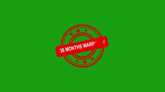 Animated  "36 MONTHS WARRANTY" rubber stamp seal with bold red text, featuring a zoom and hit effect on a screen background Alpha channel. 4k video animation.  Alpha matte channel. 