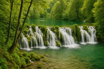 Flowing waterfalls amidst lush trees and mossy surroundings in a scenic lakeside park