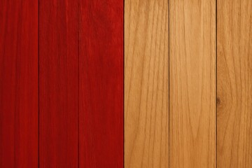 Vertical wooden panels set against a red and abstract multicolored backdrop
