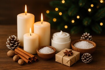 Relaxing winter spa scene featuring candles and wellness products like body cream, bath crystals, cinnamon, and nutmeg on a wooden surface