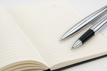 Desk scene with two gleaming pens and a business journal, emphasizing the pen tips