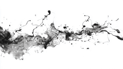 Ink splash with thin tendrils and droplets, black fluid on white background