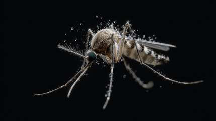 Anti Malaria concept ,Mosquito close up with water droplets dark background showing detailed insect anatomy and delicate wings