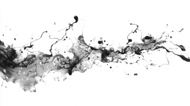 Ink splash with thin tendrils and droplets, black fluid on white background