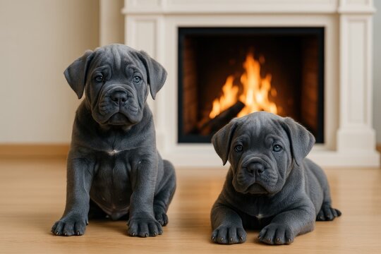 Inside a cozy home with Cane Corso puppies near a fireplace
