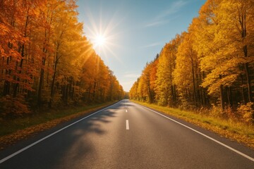 Vibrant autumn forest scene with a vacant road stretching through colorful foliage under sunny skies.