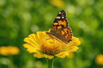 A butterfly resting on a bright yellow blossom during a sunny summer afternoon