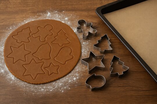 Festive cookie shapes cut from homemade gingerbread dough on a kitchen counter with cutters and baking sheet ready for baking