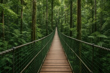 Suspended wooden bridge through pristine rainforest in a protected jungle reserve
