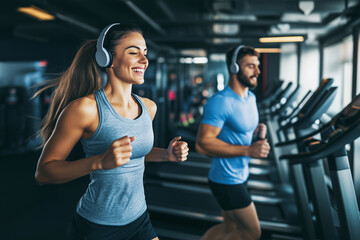 Fototapeta premium Fit couple jogging on treadmills at gym