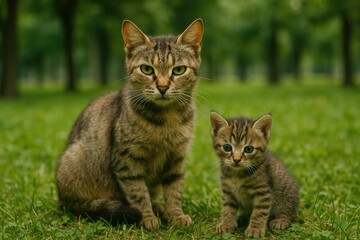 A stray feline family resting in a park after being left behind