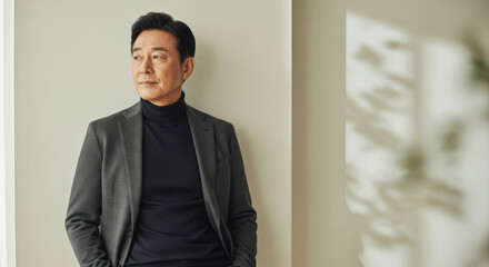 Fototapeta premium Confident mature asian man in grey suit jacket and black turtleneck gazing thoughtfully into distance while standing indoors against a softly lit neutral wall