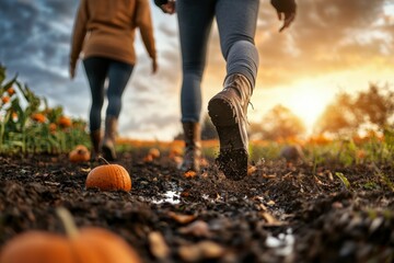 Couple enjoying a cozy fall day in pumpkin patch outdoor lifestyle photography warm colors scenic viewpoint autumn concept