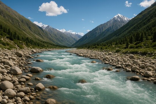 The stunning icy blue waters of the Baspa River traverse the rugged landscape of a remote valley.