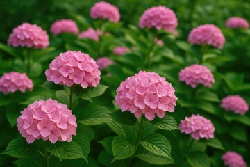 Fototapeta premium Stunning pink hydrangeas flourishing in the backyard