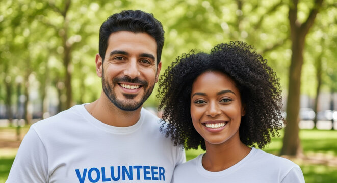 Smiling diverse volunteers stand together outdoors in lush green park, cheerful young man and woman pose confidently for community service teamwork event