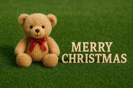 Festive teddy bear holding a holiday greeting with room for custom message