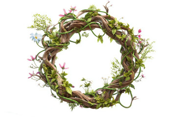 Botanical portal made of growing vines and wildflowers forming a ring, enchanted aura, white background