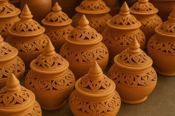 Handcrafted Thai Clay Vases with Intricate Carvings for Pottery Business