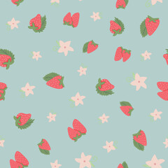 Strawberry Seamless Vector Patterns with Floral and Polka Dot Elements