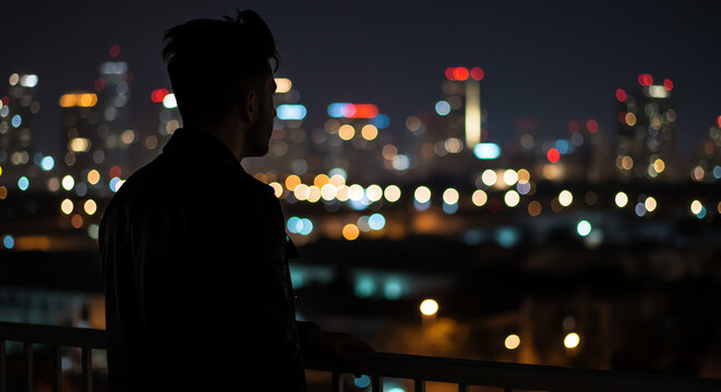 Silhouetted man contemplates a vibrant, glittering cityscape at night from a balcony.