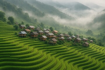 Morning mist over hillside rice terraces and village accommodations
