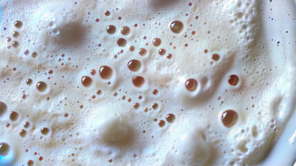 Close up of coffee foam bubbles and milk froth texture in high detail for beverage and café backgrounds