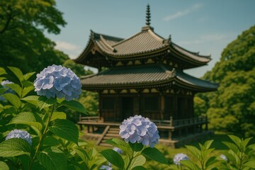 Fototapeta premium Sacred shrine surrounded by blooming hydrangeas