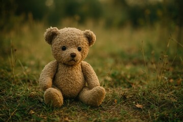 Forgotten plush toy in the open land, representing childhood memories lost