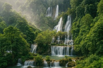 Fototapeta premium The most stunning waterfall in Southeast Asia after rain, surrounded by lush green forests
