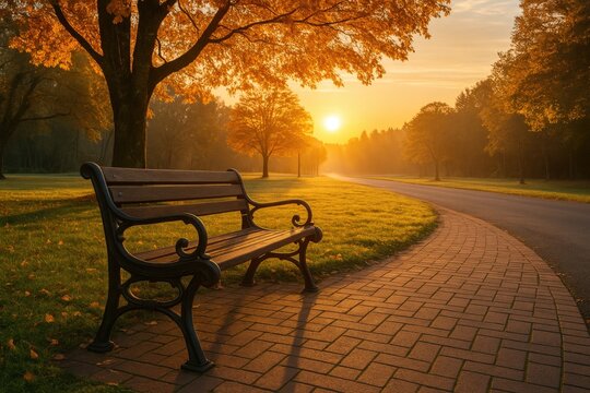 Early morning shot of a park bench in a southern Brazilian town at dawn