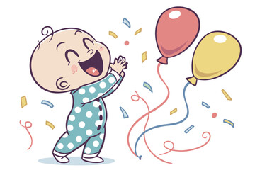 Vector cute Baby Boy cartoon character, with a happy clap and a wide grin, wearing a polka dot onesie and surrounded by colorful balloons, in a celebratory, joyful style, isolated on white background