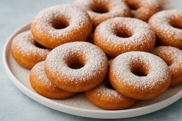 Close-up of freshly made homemade donuts dusted with powdered sugar
