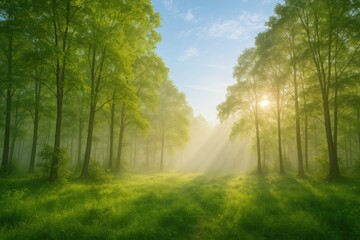 Misty dawn in a lush woodland beneath a clear azure sky