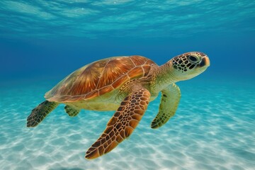 Obraz premium A vibrant green turtle gliding through the azure waters of a tropical island's clear sea