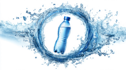 Drink bottle bursting through water ring minimal on white