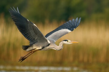 Fototapeta premium Wings Fully Extended: A Grey Heron Soaring Through the Sky