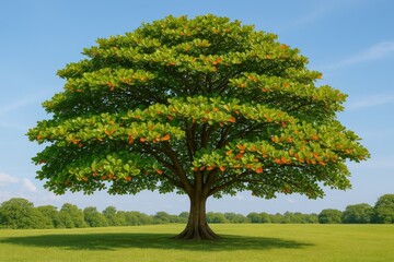 The broad, crowned Ketapang tree features oval-shaped leaves with rounded tips that turn reddish when they change color.