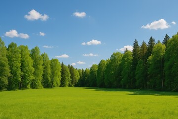 Obraz premium Lush grassland and wooded area beneath a clear blue sky