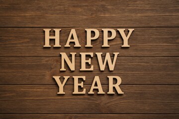 Fototapeta premium Festive New Year wooden figure set against a rustic wooden backdrop, celebrating the holiday season