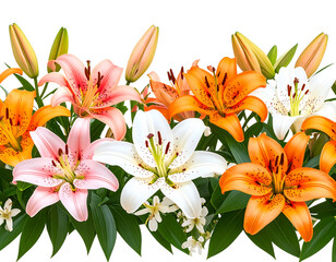 Seamless Border of Vibrant Lily Flowers, isolated on a transparent background.