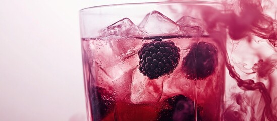 Refreshing blackberry cocktail with ice and pink smoke effect creates a vibrant and visually appealing drink