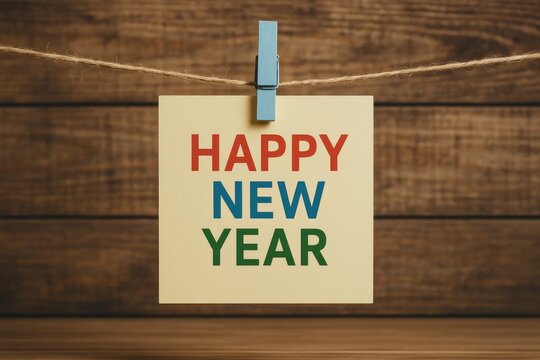 Festive New Year greeting on vibrant paper, clipped with a clothespin against a rustic wooden backdrop, vintage aesthetic - Powered by Adobe