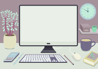 Minimalist home office desk setup with computer, coffee, plant, clock, and stationery in soft pastel colors and flat design. Vector illustration