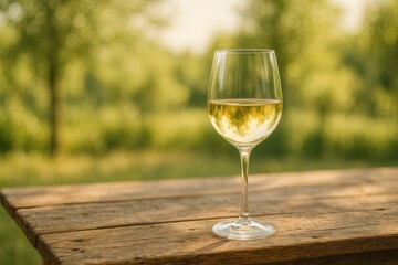 Obraz premium A clear glass of white wine placed on an aged wooden surface with a softly lit backdrop